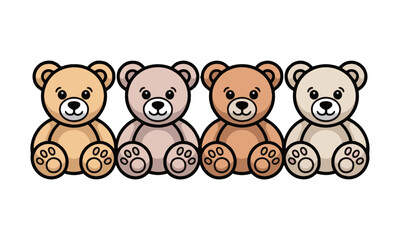 Obraz premium Scalable vector illustration of four teddy bears in a horizontal row, each drawn in a minimalist cartoon style, easily editable and scalable. 