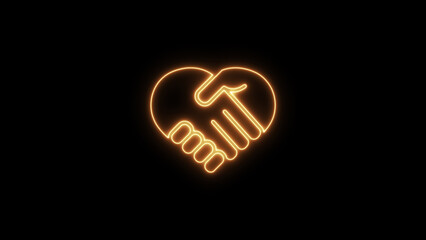 Neon Handshake with Heart Icon isolated on black background