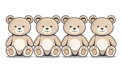 Obraz premium Scalable vector illustration of four teddy bears in a horizontal row, each drawn in a minimalist cartoon style, easily editable and scalable. 