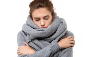 Young woman wrapped in a cozy grey scarf, feeling the chill and shivering from flu symptoms, isolated against a transparent background, embodies the struggle of illness in winter