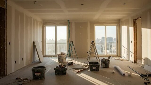 Construction site interior with natural light and building materials renovation and real estate theme