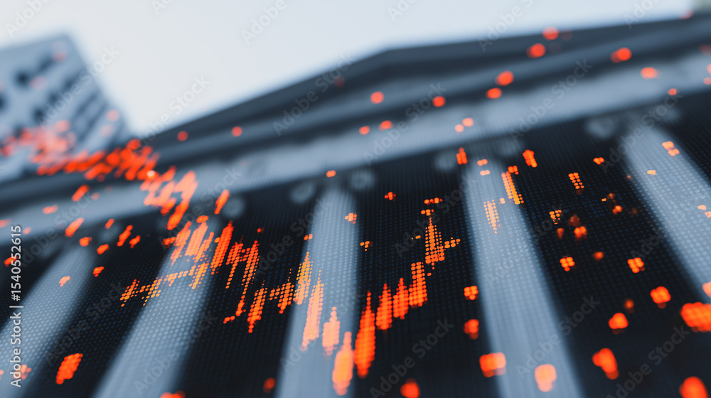 Poster stock market data overlay: abstract image of a financial building with an overlay of dynamic stock m