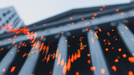 Stock Market Data Overlay: Abstract image of a financial building with an overlay of dynamic stock market data, showcasing the interplay between physical structures and digital financial information.