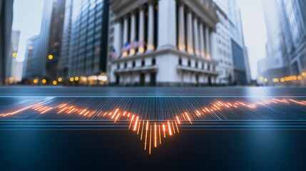 Financial District Data Visualization: A futuristic visualization of financial data overlays a city street scene dominated by tall buildings, symbolizing the intersection of technology and finance. 