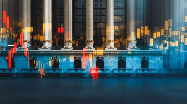 Financial Fortress: A conceptual visualization of a financial institution, combining the solidity of architectural pillars with the dynamic fluctuations of market indicators.