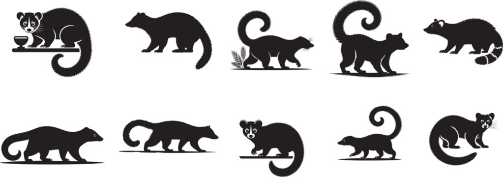 Asian palm civet silhouettes collection various poses. eps-10
