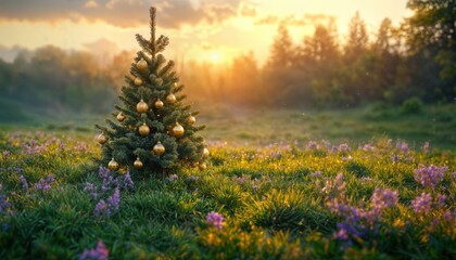 a small christmas tree decorated with golden ornaments stands peacefully in a vibrant field of wildflowers bathed in the warm glow of a setting sun.