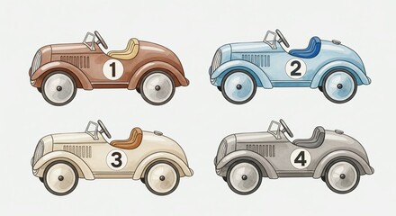 Vintage Toy Cars Set Isolated on White Background