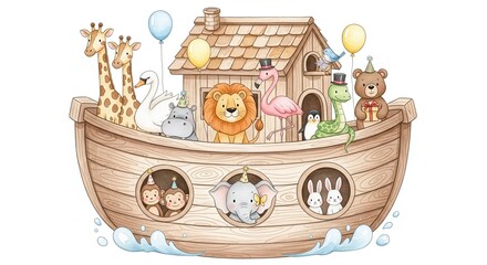 Animals on Ark Birthday Party Illustration