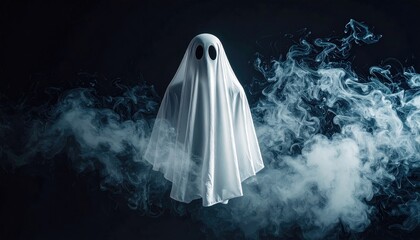 ghost floating in air. A ghost figure shrouded in a white sheet floats amidst swirling mist, creating a mystifying and eerie atmosphere.