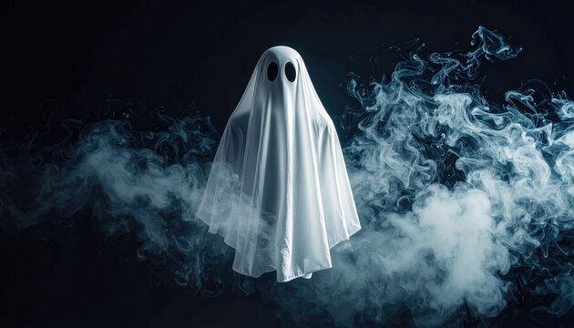 ghost floating in air. A ghost figure shrouded in a white sheet floats amidst swirling mist, creating a mystifying and eerie atmosphere.