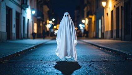 Obraz premium ghost floating in air. A ghostly figure in a white sheet stands alone on a deserted street, illuminated by soft streetlights in a nighttime setting.