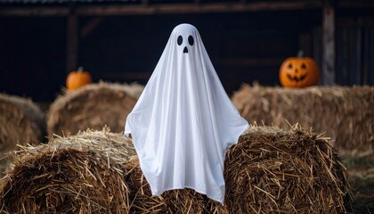 ghost floating in air. A ghost figure made from a white sheet stands among hay bales, with carved pumpkins in the background, creating a Halloween atmosphere.