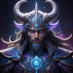 mystical warrior king with glowing eyes and celestial armour