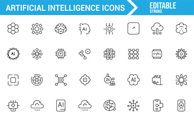 Artificial Intelligence and Machine Learning Icons: Simple Line Illustrations for Technology