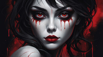 gothic vampire woman with red eyes and bleeding tears