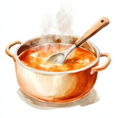 Watercolor illustration of a copper pot with steaming soup and a wooden spoon