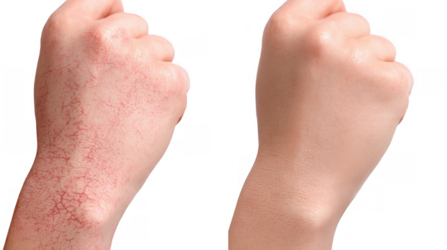 Displaying two hands on a transparent background, one reveals eczema's redness and irritation while the other shows healthy, clear skin, emphasizing treatment effectiveness