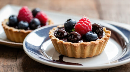 chocolate berry tarts with raspberries and blueberries