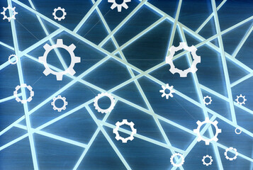 White Lines Between White Gears Silhouettes on an Abstract Geometric Neon Glowing Sectors in Network Form   © AnyVIDStudio