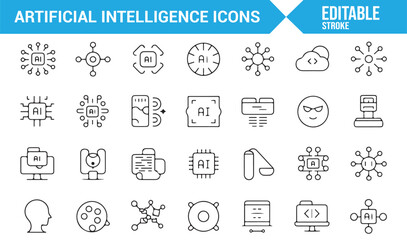Artificial Intelligence and Machine Learning Icons: Data Networks and Neural Systems