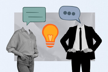 Collage trend artwork composite sketch poster of headless speech cloud body man lady stand idea...