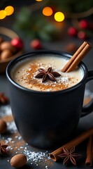 Warm spiced eggnog in a dark mug, garnished with cinnamon and star anise, glows softly against a festive backdrop