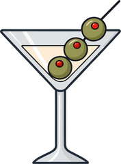 Vector Cartoon Martini Glass with Green Olives on Toothpick – Flat Color Cocktail Illustration for Logo or Bar Design