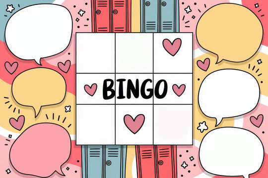 Colorful bingo card with speech bubbles and hearts for creative design