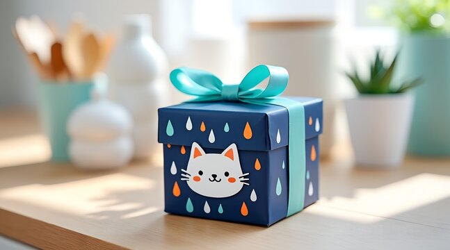 Cute cat gift box with teal ribbon on wooden table - Powered by Adobe