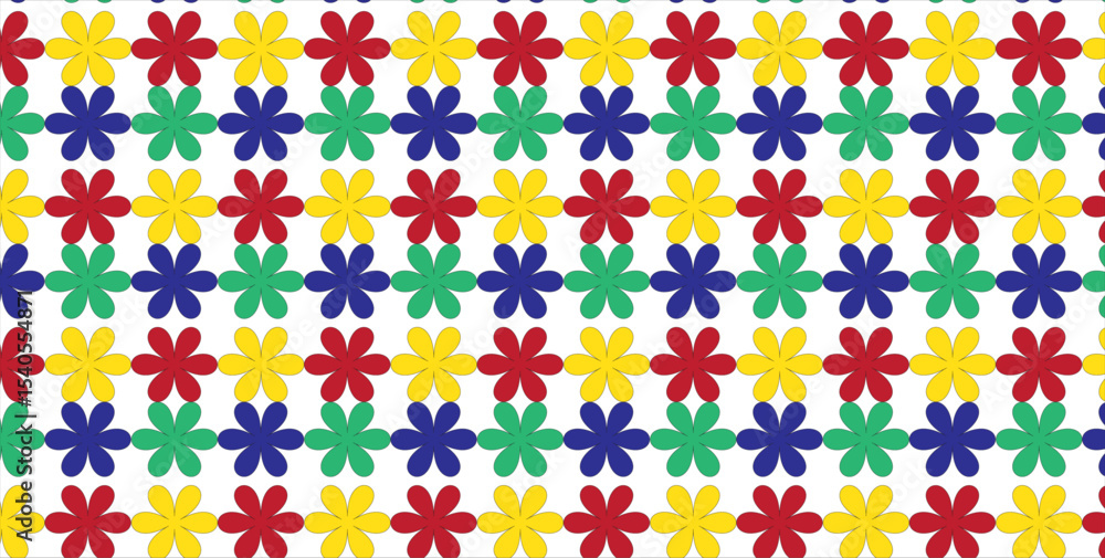 Poster a vibrant repeating pattern of colorful floral shapes arranged in neat rows against a white backgrou