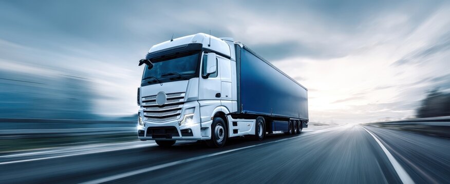 The impressive transportation truck speeding along a highway under dramatic skies.
