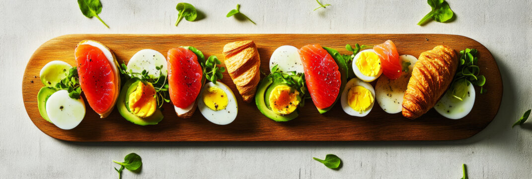 A vibrant breakfast board features sliced avocado on toast, smoked salmon, boiled eggs, and fresh greens. Perfect for sharing at a morning gathering or brunch with friends, banner