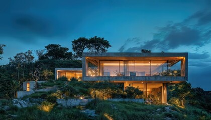 a modern concrete and glass home glows warmly against a twilight hillside, surrounded by lush vegetation and subtly illuminated pathways.