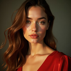 elegant woman in red dress glowing in golden sunlight