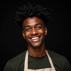 friendly young man in black shirt and apron smiling on black background