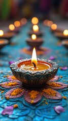 Ceramic Oil Lamps Illuminated for Festival Celebration on Detailed Turquoise Surface