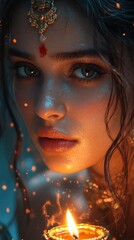 Portrait of an Indian Woman Holding a Candle with Warm Lighting