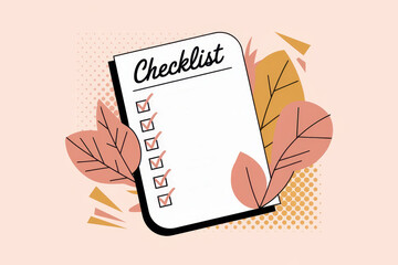 Autumn-themed checklist design with leaves and stylized icons for planning and organization