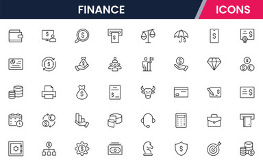 Vector illustration web line icon collection for finance: money, banking, investments, charts, and economic symbols in a sleek, modern style.