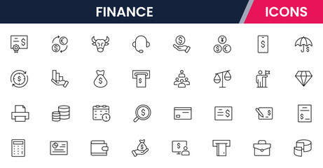 Vector illustration web line icon collection for finance: money, banking, investments, charts, and economic symbols in a sleek, modern style.