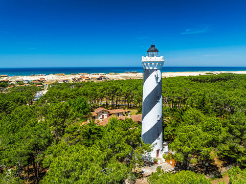 Phare de Contis Lighthouse from a drone, Saint Julien en Born , Saint-Julien-en-Born, Landes, France, Europe