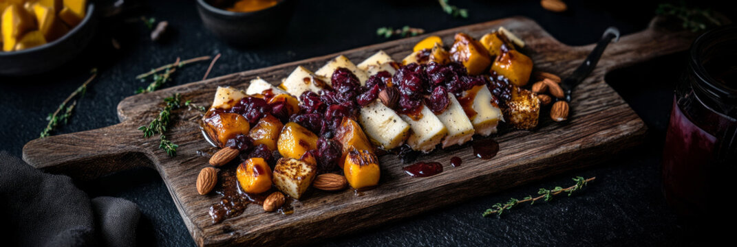 A beautifully arranged breakfast board showcases various cheeses paired with sweet fruits, nuts, and a rich jam, creating a delectable start to the day, banner - Powered by Adobe