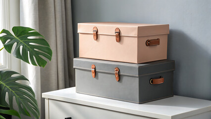 Two stacked storage boxes in gray and pink shades sit on a dresser in a room
