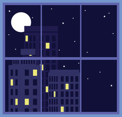 Fototapeta premium A captivating digital illustration portraying a serene nighttime city skyline viewed through a window, bathed in moonlight and sparkling stars