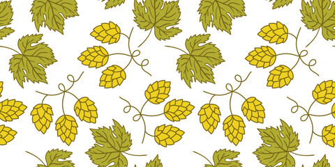 botanical seamless pattern featuring golden hop cones and green leaves a perfect background for breweries oktoberfest or organic product packaging