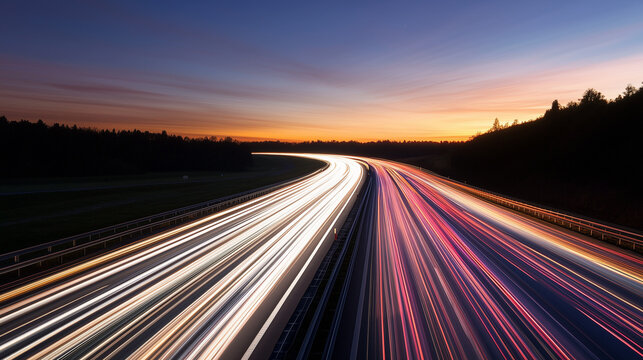 Empty highway with vibrant light trails under a warm dusk sky, capturing the essence of motion and solitude - Powered by Adobe