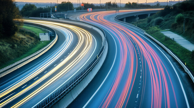 Empty highway with vibrant light trails under a warm dusk sky, capturing the essence of motion and solitude