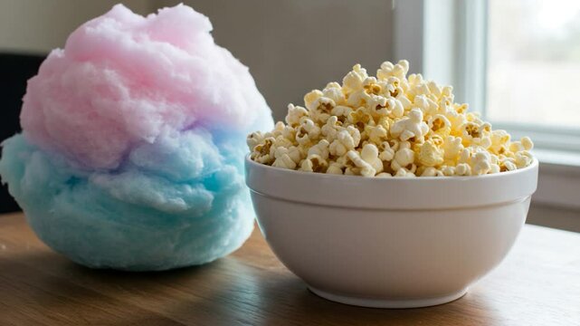 Cotton candy and popcorn close up still life food photography