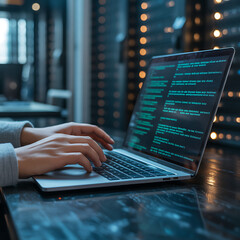 Close-up of hands typing digital code on a laptop